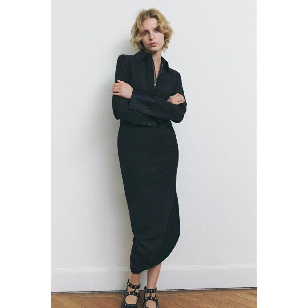 Zara Women Shirt Midi Dress S Black Stretch Polo Collar Draped 9361/052 NWT